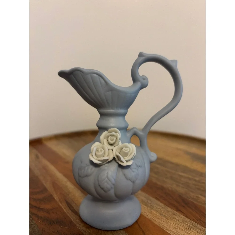 Miniature Blue Porcelain Pitcher Ewer with White Applied Roses 4 Inch Decorative